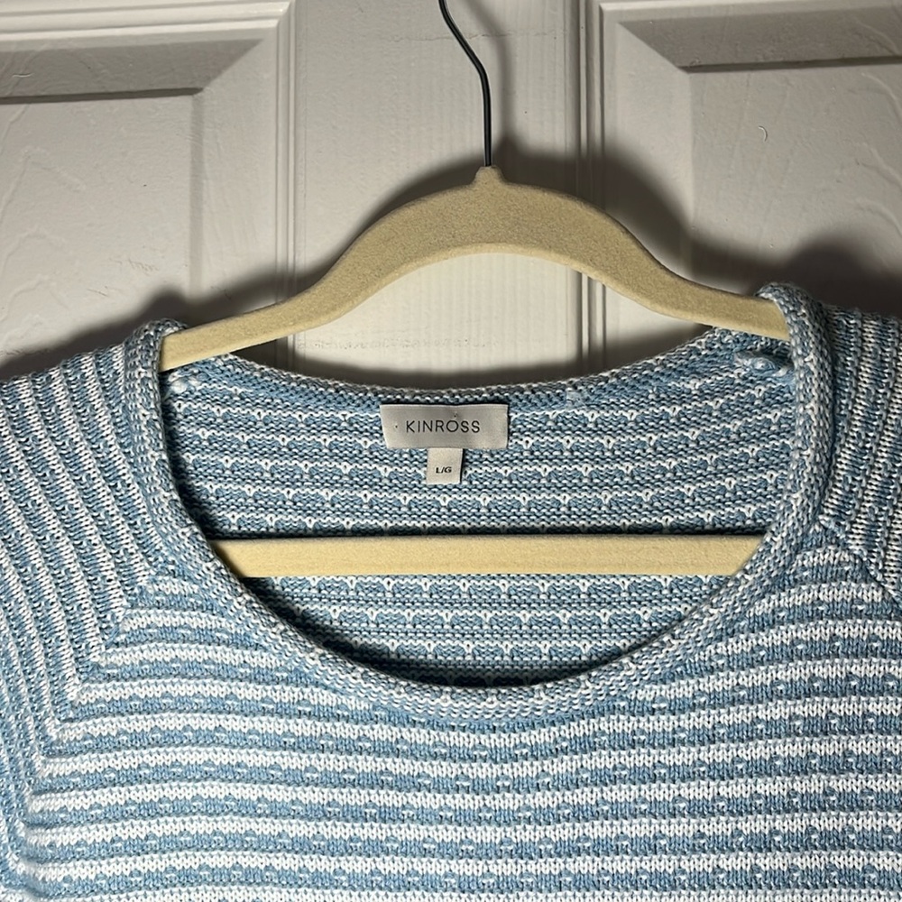Kinross NWOT Iced aqua white sweater super soft 100% cotton fringe wrist hem LG - Picture 2 of 13